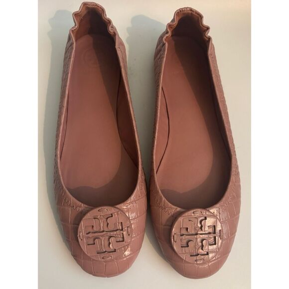 Tory Burch MINNIE Travel Rosa Ballet Flats Logo Pink Croco Embos Shoe Size 8 - Picture 5 of 11